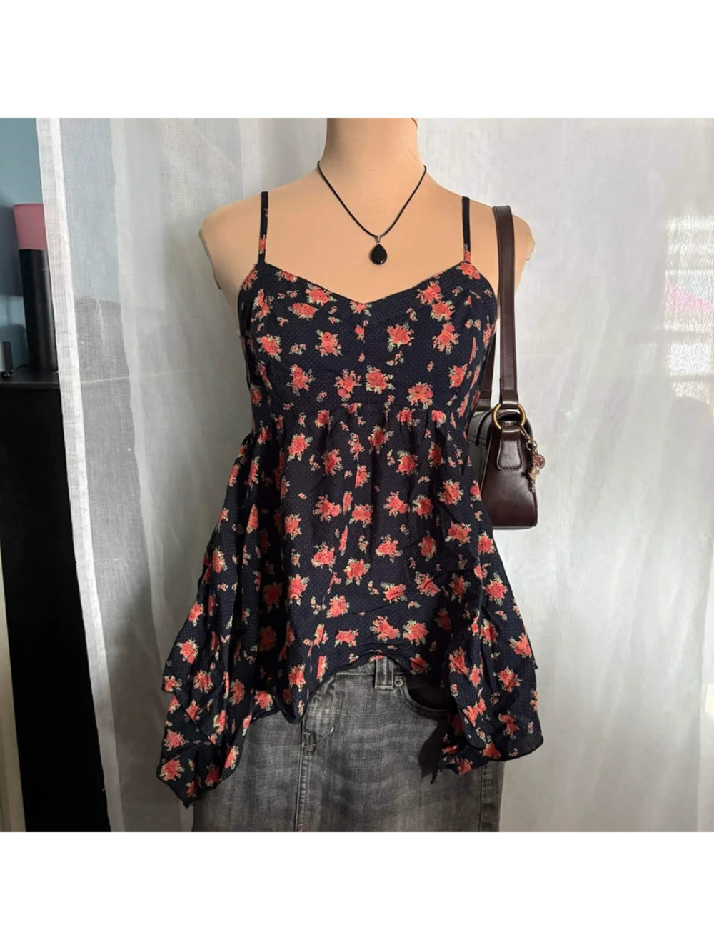 navy floral asymmetrical top